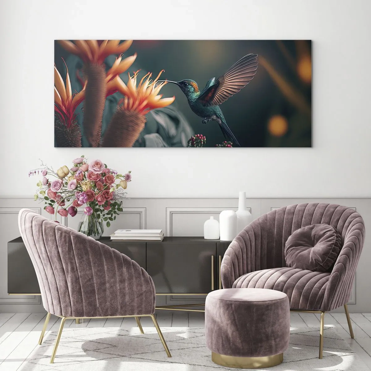 Cuadro sobre vidrio - Impresiones sobre Vidrio - Un colibrí colorido junto a las flores contra un fondo natural. - 120x50cm - Una vida verdaderamente colorida - Decoración de pared moderna para salón y dormitorio ARTTOR