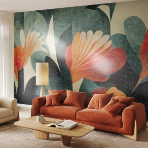 Fotomural Premium Sand - Flores naranjas y estilo vintage verde oscuro. - 100x70cm - El calor del trópico y el frescor del verdor - Decoración de pared moderna para salón y dormitorio ARTTOR