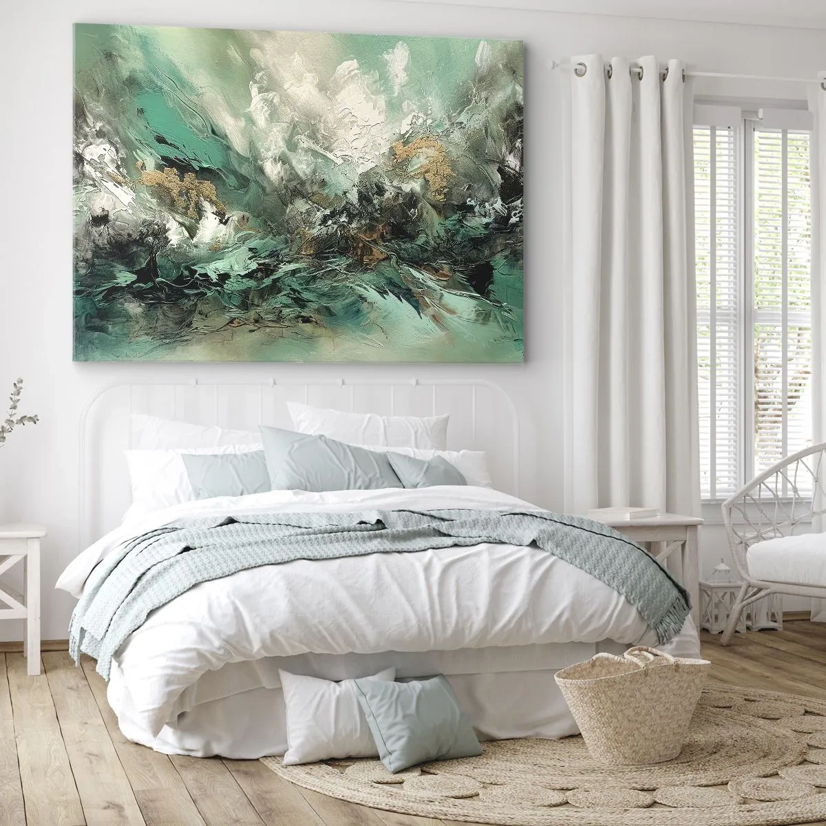 Cuadro sobre lienzo - Impresión de Imagen - Paisaje abstracto en tonos verdes y dorados. - 70x50cm - Hervor negro esmeralda - Decoración de pared moderna para salón y dormitorio ARTTOR