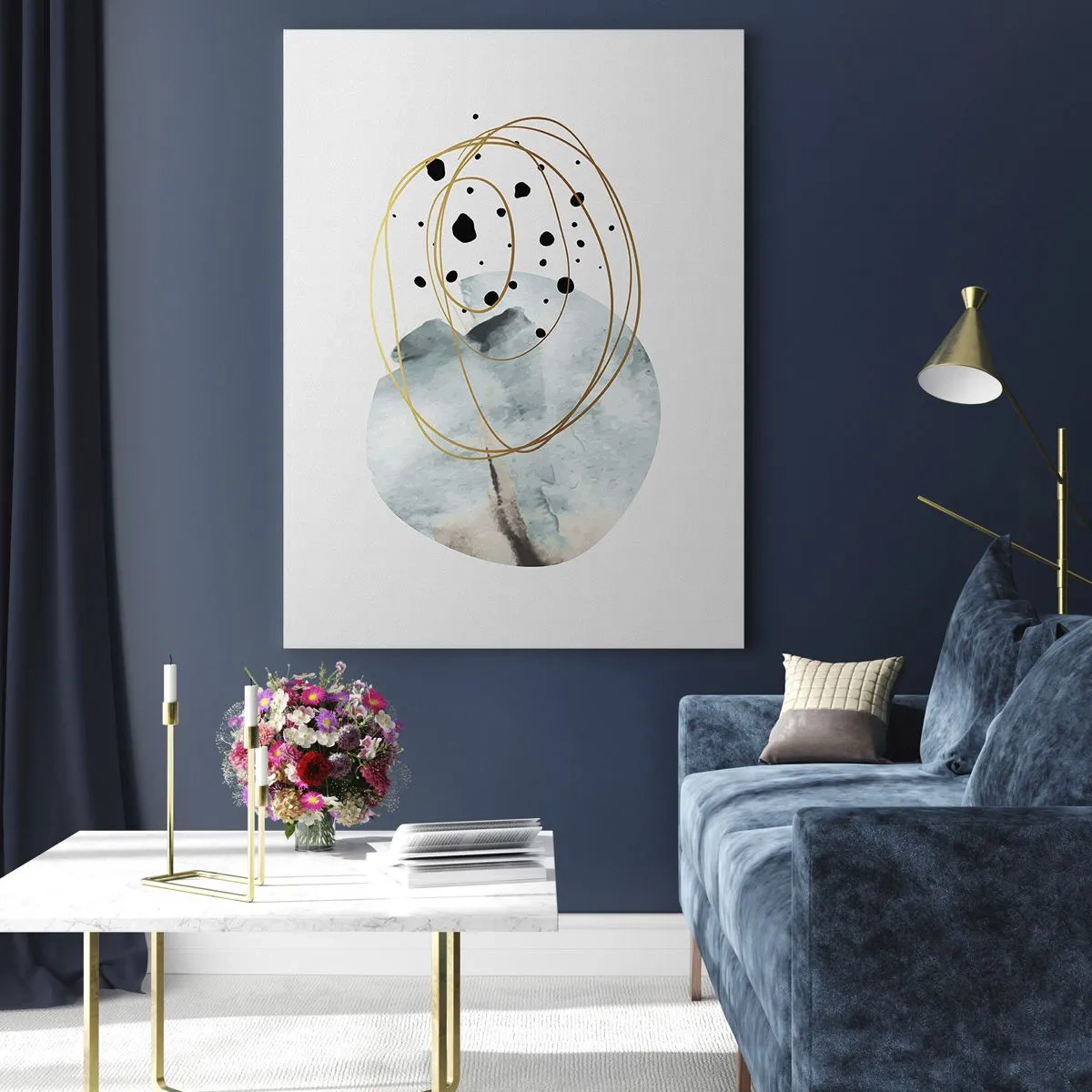 Cuadro sobre vidrio - Impresiones sobre Vidrio - Composición abstracta con una mancha azul y líneas doradas. - 50x70cm - El concepto del espacio - Decoración de pared moderna para salón y dormitorio ARTTOR