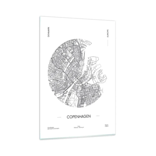 Cuadro sobre vidrio - Impresiones sobre Vidrio - Un mapa de Copenhague en un estilo minimalista en blanco y negro. - 80x120cm - Anatomía de Copenhague - Decoración de pared moderna para salón y dormitorio ARTTOR