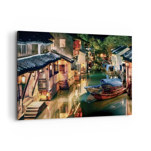 Cuadro sobre lienzo - Impresión de Imagen - Vista nocturna de los canales con barcos y casas tradicionales. - 100x70cm - Noche en una calle china - Decoración de pared moderna para salón y dormitorio ARTTOR