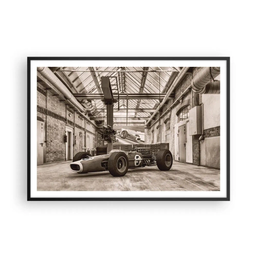 Póster en marco negro - Coche de carreras en blanco y negro en un interior industrial. - 100x70cm - El descanso del vencedor - Decoración de pared moderna para salón y dormitorio ARTTOR