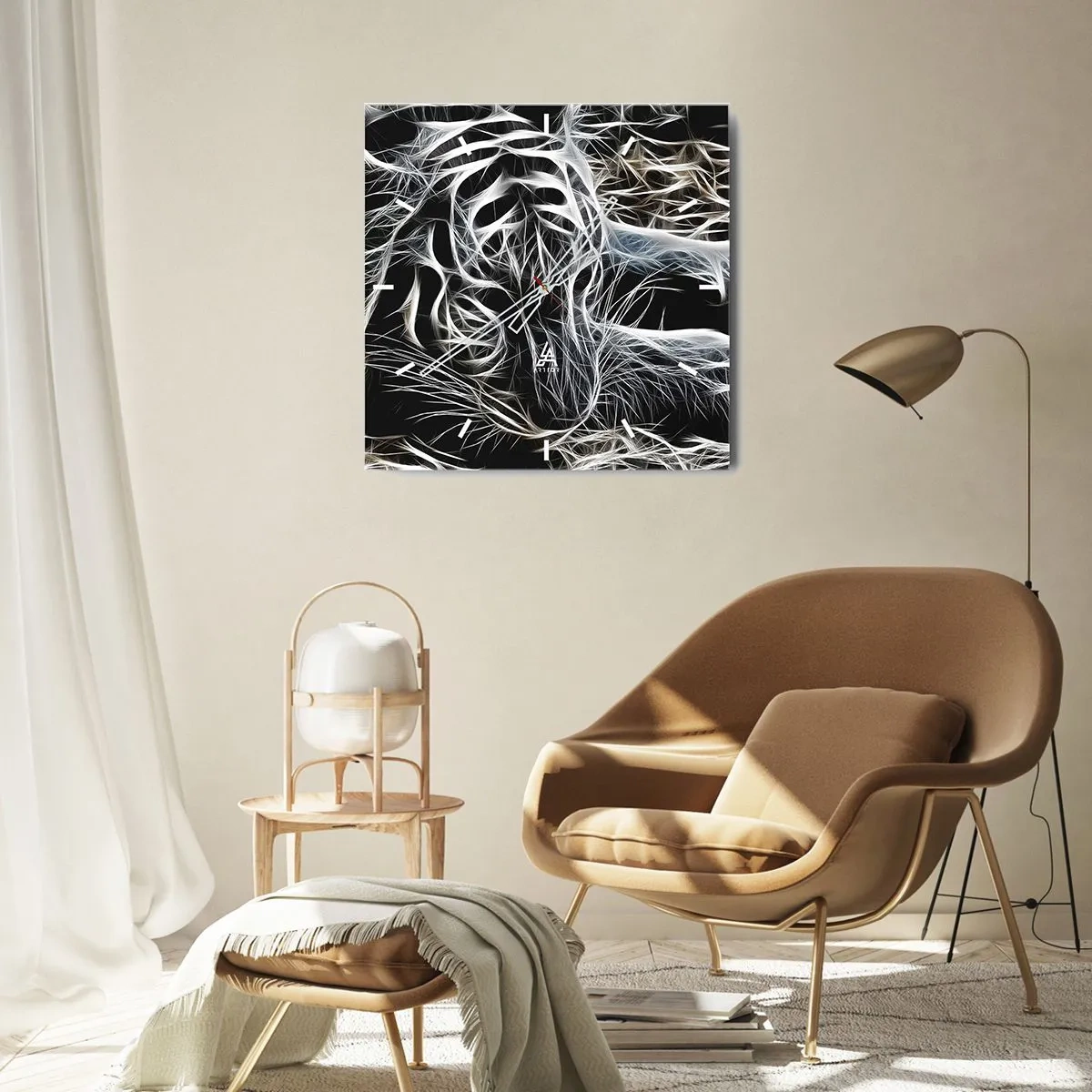 Reloj de pared - Reloj de vidrio - Un patrón abstracto que representa la silueta de un gato sobre un fondo negro. - 30x30cm - Un estudio sobre la ligereza felina - Decoración de pared moderna para salón y dormitorio ARTTOR