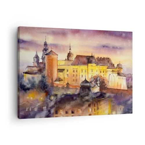 Cuadro sobre lienzo - Impresión de Imagen - Una pintoresca pintura de acuarela de un castillo al atardecer. - 70x50cm - Una historia y un cuento - Decoración de pared moderna para salón y dormitorio ARTTOR