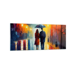 Cuadro sobre vidrio - Impresiones sobre Vidrio - Una pareja bajo un paraguas caminando por una colorida ciudad nocturna. - 120x50cm - Juntos en una noche llena de color - Decoración de pared moderna para salón y dormitorio ARTTOR