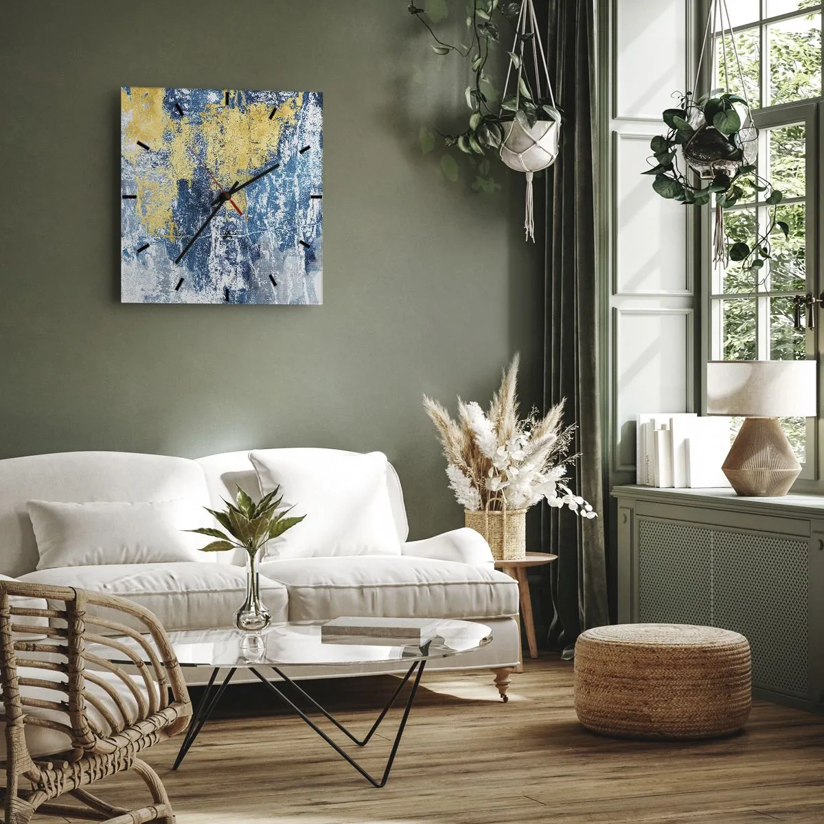 Reloj de pared - Reloj de vidrio - Abstracción en tonos azules y amarillos - 30x30cm - Una abstracción serena - Decoración de pared moderna para salón y dormitorio ARTTOR