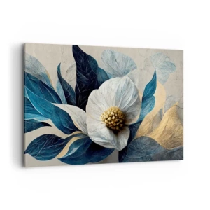 Cuadro sobre lienzo - Impresión de Imagen - Una flor con hojas azules sobre un fondo elegante. - 120x80cm - Con un corazón de oro - Decoración de pared moderna para salón y dormitorio ARTTOR