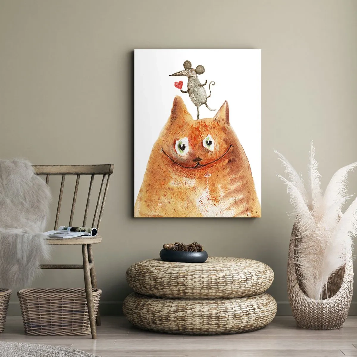 Cuadro sobre lienzo - Impresión de Imagen - Un dibujo de un gato con un ratón en la cabeza sosteniendo un corazón. - 50x70cm - Paradojas del amor - Decoración de pared moderna para salón y dormitorio ARTTOR