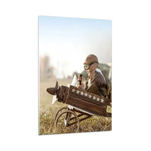 Cuadro sobre vidrio - Impresiones sobre Vidrio - Un niño en un avión de juguete con un campo al fondo. - 80x120cm - Despegue hacia un sueño - Decoración de pared moderna para salón y dormitorio ARTTOR