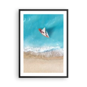 Póster en marco negro - Un yate contra el mar azul en la costa. - 50x70cm - Frontera celeste y dorada - Decoración de pared moderna para salón y dormitorio ARTTOR