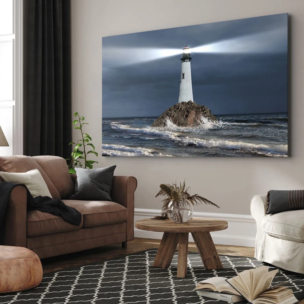 Cuadro sobre lienzo - Impresión de Imagen - Un faro sobre una roca rodeado de un mar tempestuoso. - 100x70cm - ¡Aquí... aquí... aquí! - Decoración de pared moderna para salón y dormitorio ARTTOR