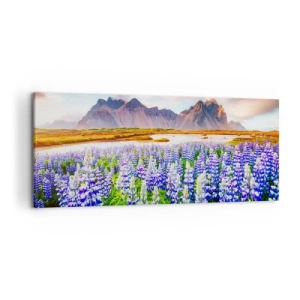 Cuadro sobre lienzo - Impresión de Imagen - Flores en un paisaje de montaña con un cielo pintoresco. - 120x50cm - La fuerza y la severidad junto a la dulzura - Decoración de pared moderna para salón y dormitorio ARTTOR