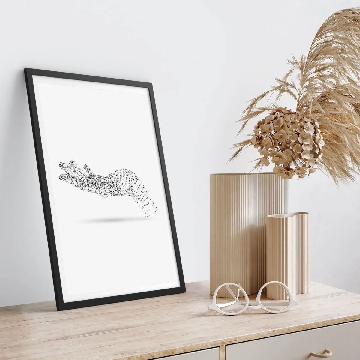 Póster en marco negro - Mano abstracta hecha de líneas sobre un fondo blanco - 50x70cm - Mano elástica - Decoración de pared moderna para salón y dormitorio ARTTOR