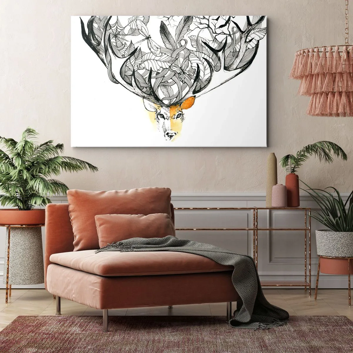 Cuadro sobre lienzo - Impresión de Imagen - Gráfico sutil de ciervo con astas decorativas. - 120x80cm - Cuernos de la abundancia - Decoración de pared moderna para salón y dormitorio ARTTOR