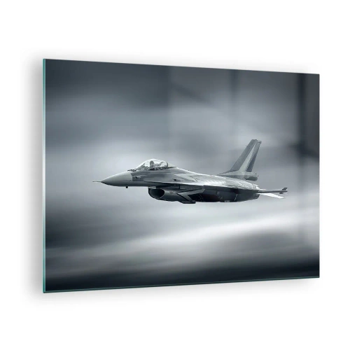 Cuadro sobre vidrio - Impresiones sobre Vidrio - Un avión de combate en vuelo contra un cielo nublado. - 70x50cm - ¿Quieres un reto? - Decoración de pared moderna para salón y dormitorio ARTTOR
