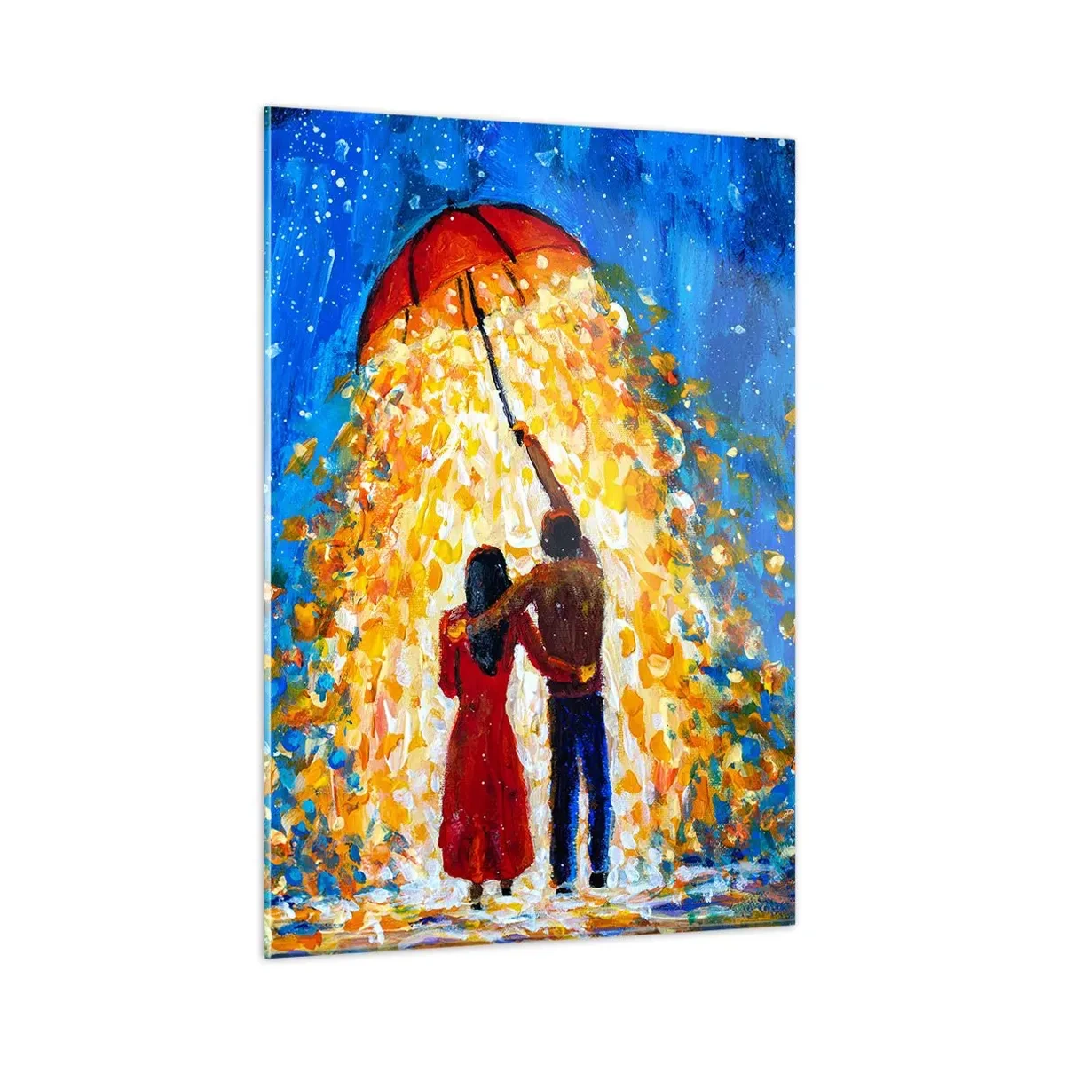 Cuadro sobre vidrio - Impresiones sobre Vidrio - Una pareja bajo una sombrilla rodeada de luz dorada contra el cielo nocturno. - 50x70cm - La magia de una tarde lluviosa - Decoración de pared moderna para salón y dormitorio ARTTOR