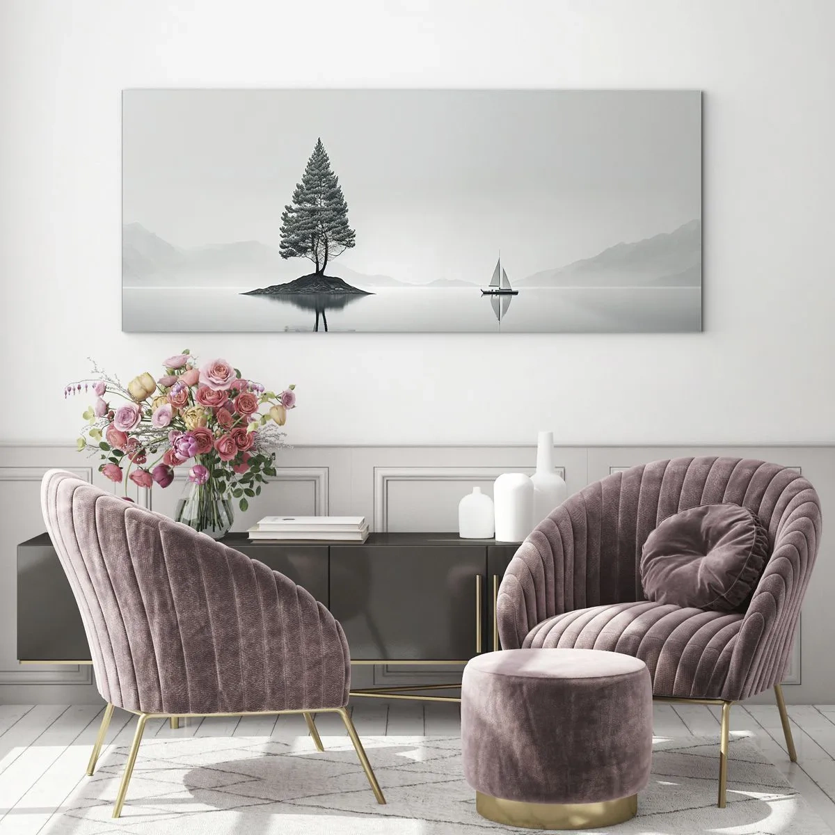 Cuadro sobre vidrio - Impresiones sobre Vidrio - Un paisaje minimalista con un árbol en una isla y un velero. - 160x50cm - Un sueño hecho realidad - Decoración de pared moderna para salón y dormitorio ARTTOR