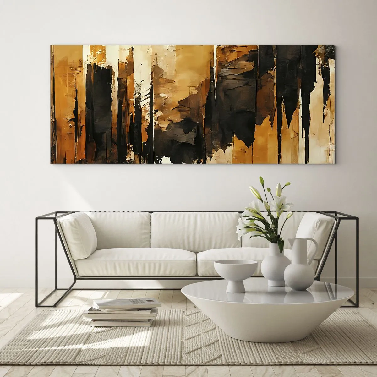 Cuadro sobre vidrio - Impresiones sobre Vidrio - Armonía de negro y oro - 100x40 cm