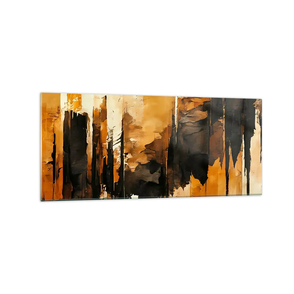 Cuadro sobre vidrio - Impresiones sobre Vidrio - Rayas abstractas doradas y negras en una composición artística - 120x50cm - Armonía de negro y oro - Decoración de pared moderna para salón y dormitorio ARTTOR