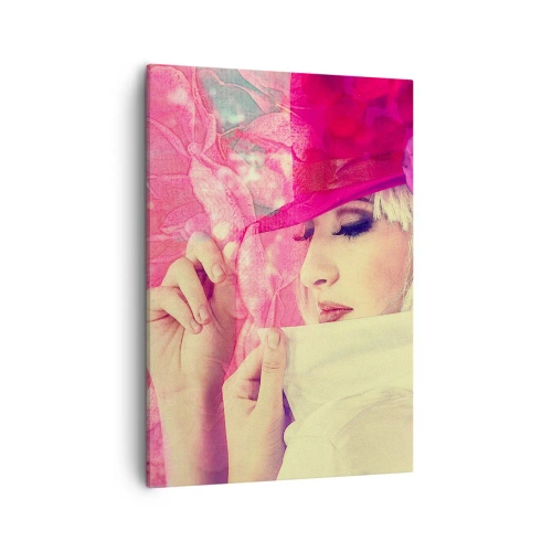 Cuadro sobre lienzo - Impresión de Imagen - Mujer elegante con un sombrero rosa y una flor. - 50x70cm - Retrato retro en rosa - Decoración de pared moderna para salón y dormitorio ARTTOR