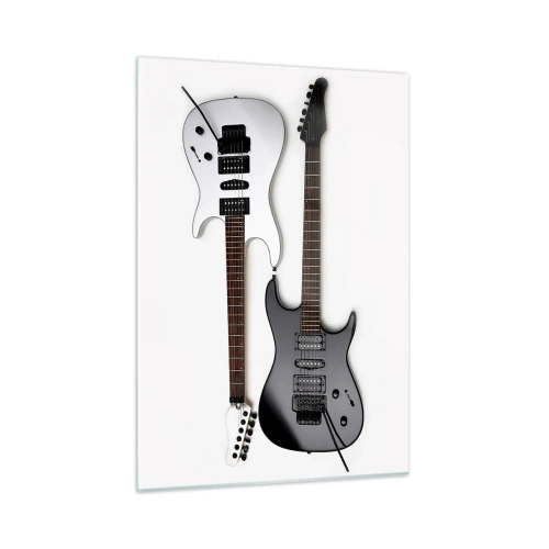 Cuadro sobre vidrio - Impresiones sobre Vidrio - Guitarras eléctricas en blanco y negro sobre un fondo blanco. - 50x70cm - Armonía de formas - Decoración de pared moderna para salón y dormitorio ARTTOR
