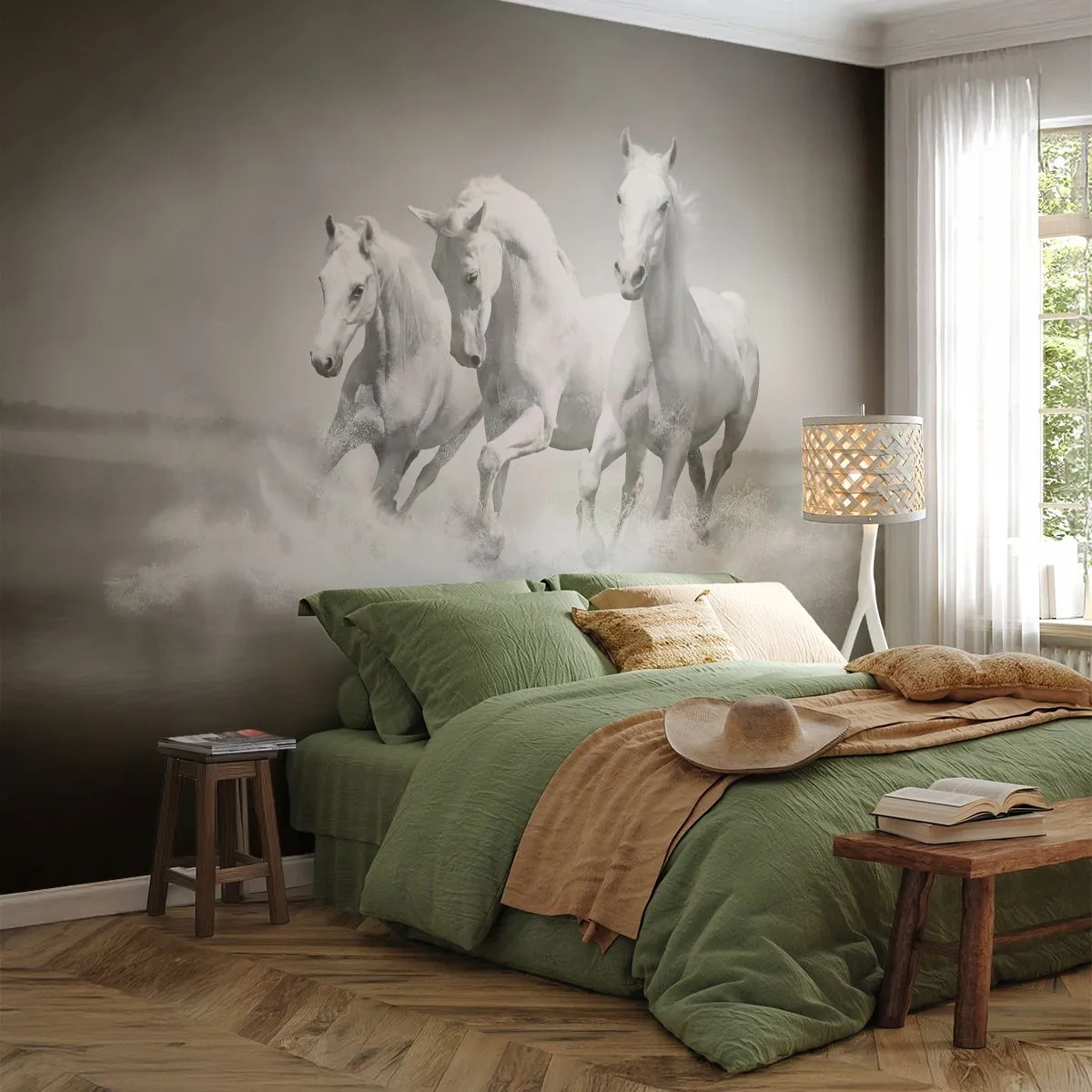 Fotomural Standard Eco - Locura blanca - animales, Caballos, Naturaleza - 400x280 cm