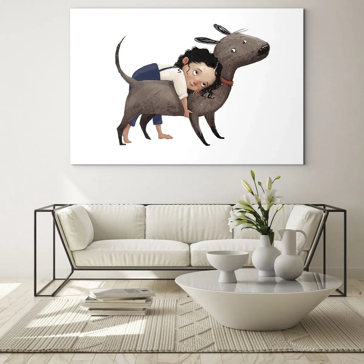 Cuadro sobre vidrio - Impresiones sobre Vidrio - Una niña abrazando a un perro grande sobre un fondo blanco. - 70x50cm - Mejores amigos - Decoración de pared moderna para salón y dormitorio ARTTOR