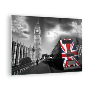 Cuadro sobre vidrio - Impresiones sobre Vidrio - El Big Ben y un autobús con bandera británica - 70x50cm - Orgullosa y grandiosa - Decoración de pared moderna para salón y dormitorio ARTTOR