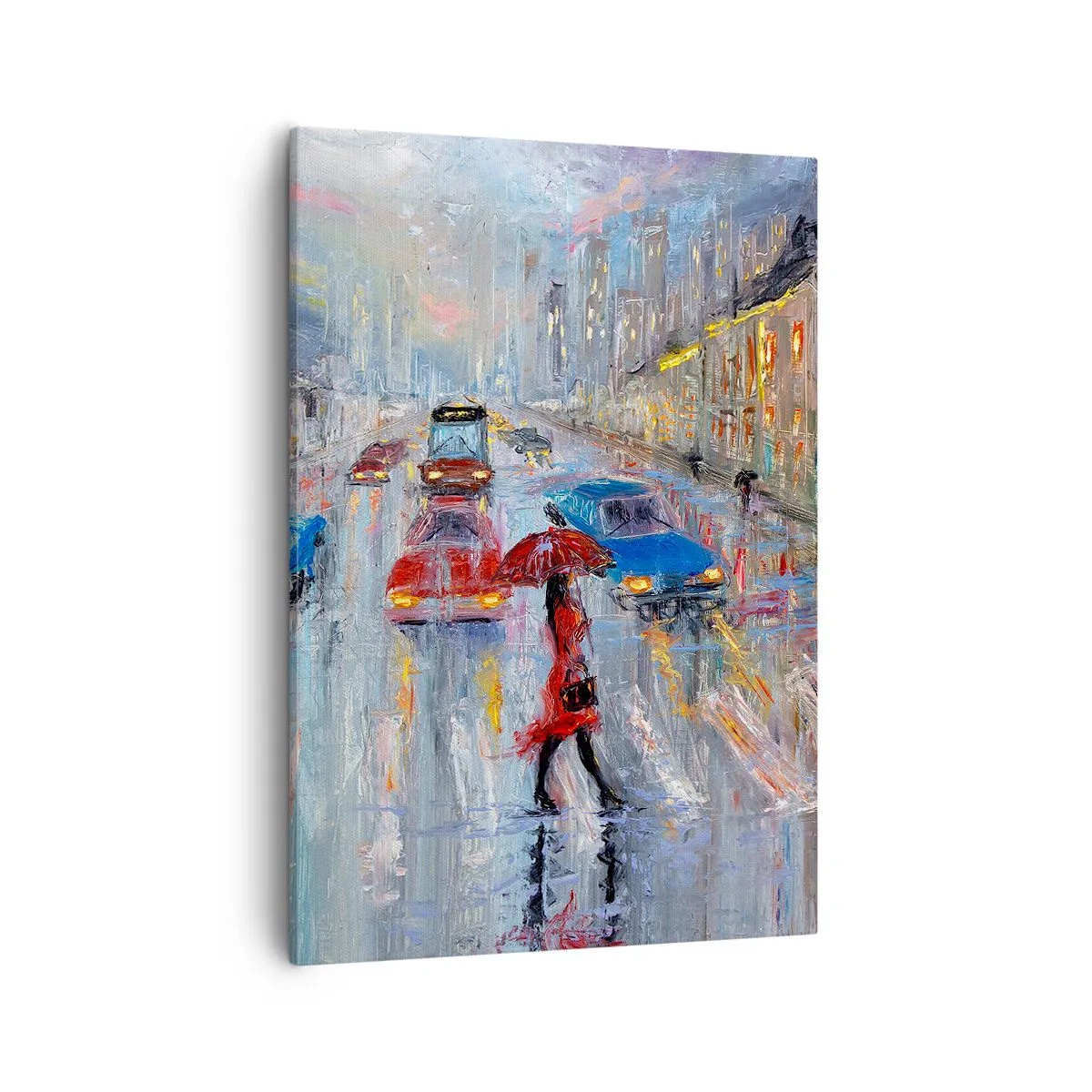 Cuadro sobre lienzo - Impresión de Imagen - Una mujer con un paraguas en una calle lluviosa bajo la luz de neón. - 50x70cm - Una tarde de lluvia en la ciudad - Decoración de pared moderna para salón y dormitorio ARTTOR