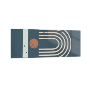 Cuadro sobre vidrio - Impresiones sobre Vidrio - Patrón geométrico en tonos azul marino, beige y naranja sobre un fondo oscuro. - 140x50cm - Geometría sobre azul marino - Decoración de pared moderna para salón y dormitorio ARTTOR