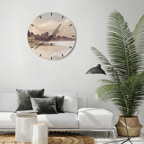 Reloj de pared - Reloj de vidrio - Una playa con palmeras y suaves olas al atardecer. - 30x30cm - La caricia de las olas - Decoración de pared moderna para salón, cocina y dormitorio ARTTOR