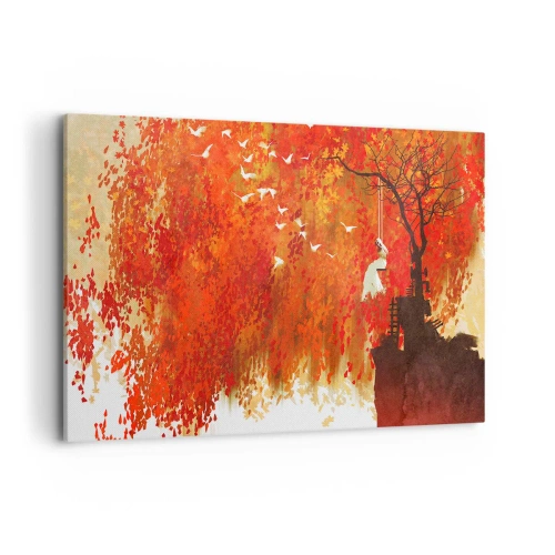 Cuadro sobre lienzo - Impresión de Imagen - Una figura en un columpio junto a un árbol rodeado de hojas rojas. - 120x80cm - ¿Volará con ellos? - Decoración de pared moderna para salón y dormitorio ARTTOR
