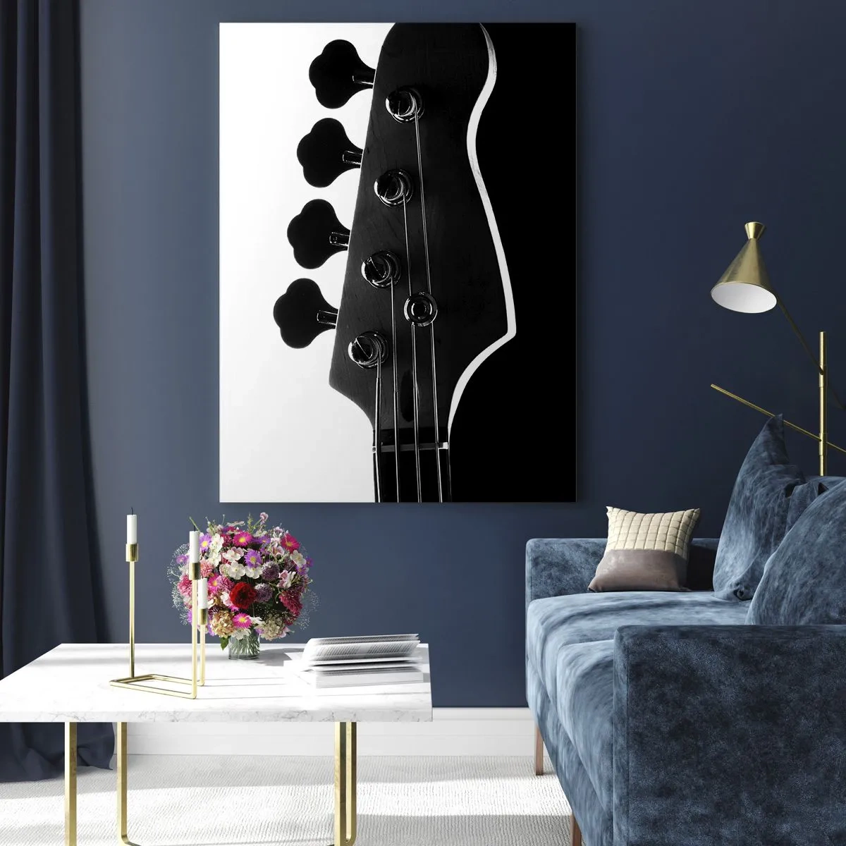 Cuadro sobre vidrio - Impresiones sobre Vidrio - Silueta en blanco y negro del clavijero de un bajo - 80x120cm - Silencio musical - Decoración de pared moderna para salón y dormitorio ARTTOR