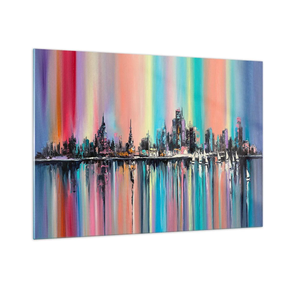Cuadro sobre vidrio - Impresiones sobre Vidrio - Panorama abstracto de la ciudad con un fondo multicolor - 100x70cm - Flota con la luz de la noche - Decoración de pared moderna para salón y dormitorio ARTTOR