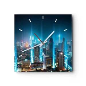 Reloj de pared - Reloj de vidrio - Una ciudad moderna de noche con acentos de iluminación futuristas. - 30x30cm - De Berlín al cielo - Decoración de pared moderna para salón y dormitorio ARTTOR