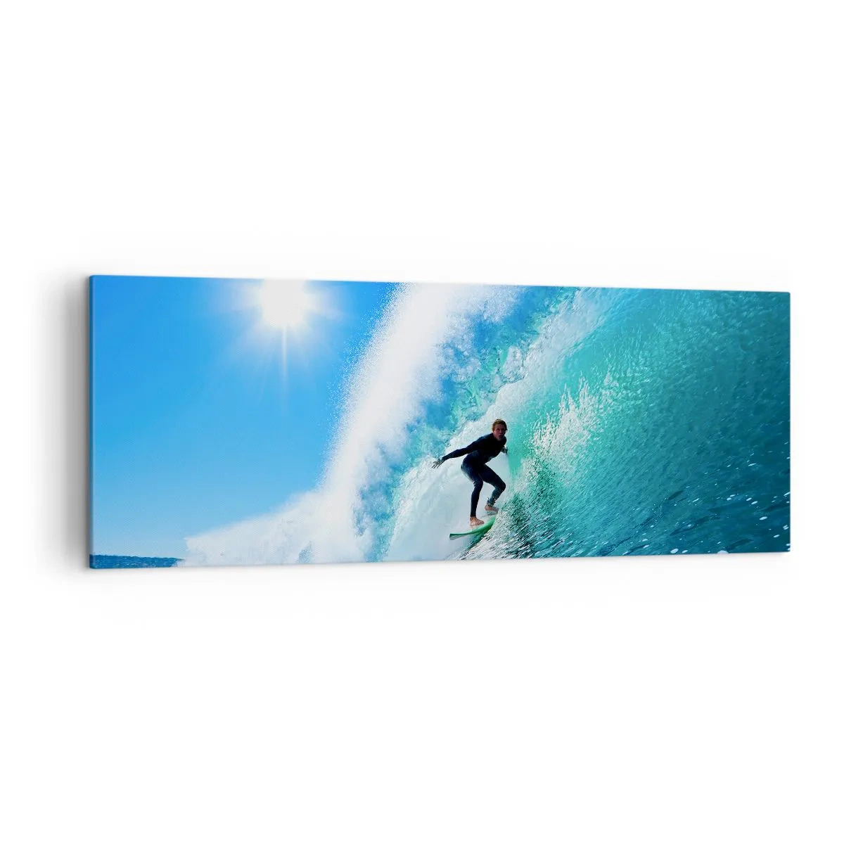 Cuadro sobre lienzo - Impresión de Imagen - Un surfista en una tabla se desliza dentro de una poderosa ola bajo un cielo azul. - 140x50cm - A través de la gran ola - Decoración de pared moderna para salón y dormitorio ARTTOR