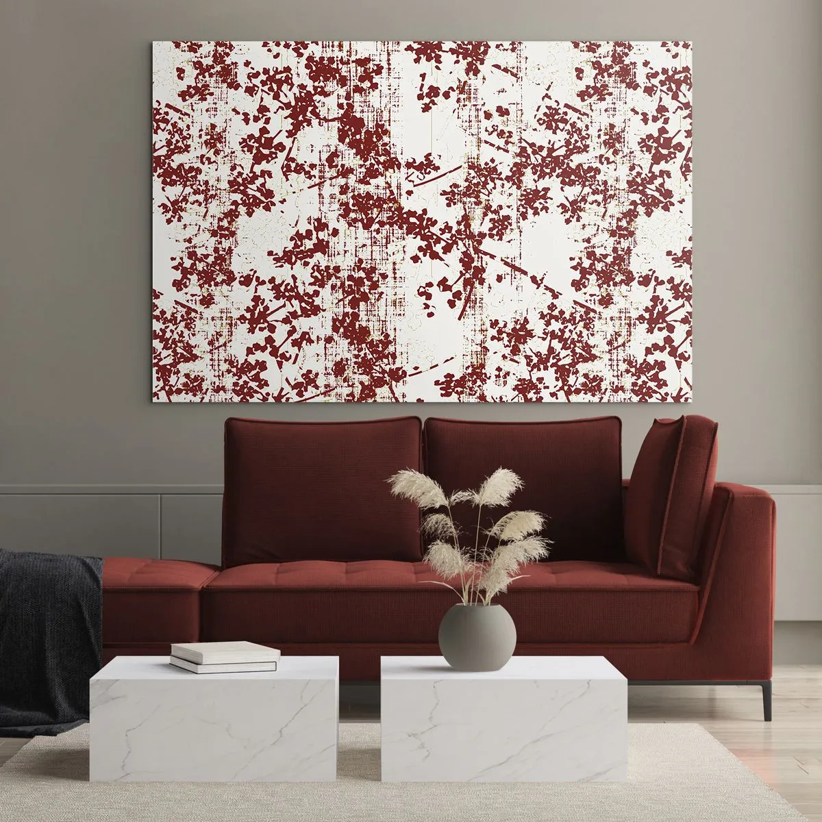 Cuadro sobre vidrio - Impresiones sobre Vidrio - Un patrón floral en rojo sobre un fondo claro y desgastado. - 100x70cm - Como un viejo percal - Decoración de pared moderna para salón y dormitorio ARTTOR