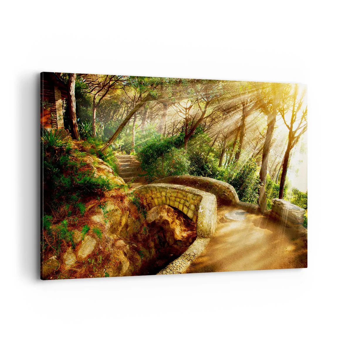 Cuadro sobre lienzo - Impresión de Imagen - Paisaje forestal con rayos de sol y un puente de piedra. - 120x80cm - Directamente desde el puente hacia el bosque de las hadas - Decoración de pared moderna para salón y dormitorio ARTTOR