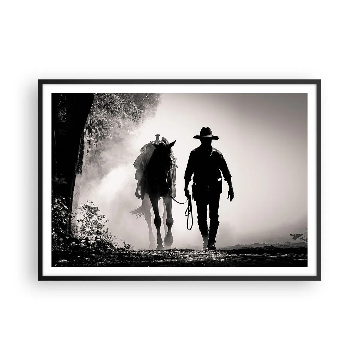 Póster en marco negro - Vaquero con caballo en la niebla de la mañana - 100x70cm - La mañana de Texas - Decoración de pared moderna para salón y dormitorio ARTTOR