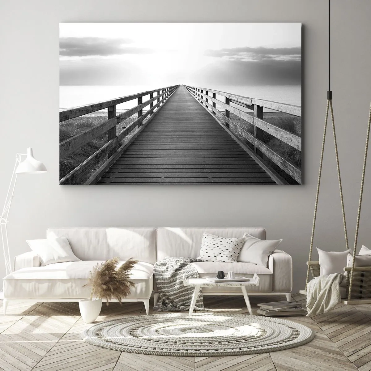 Cuadro sobre lienzo - Impresión de Imagen - Una imagen en blanco y negro de un embarcadero de madera que conduce hacia el horizonte. - 70x50cm - En la distancia... - Decoración de pared moderna para salón y dormitorio ARTTOR
