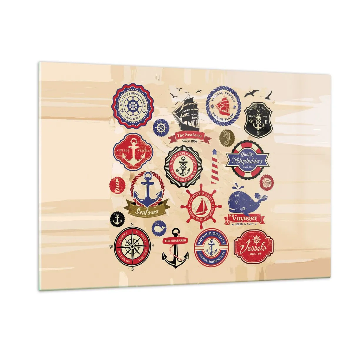 Cuadro sobre vidrio - Impresiones sobre Vidrio - Emblemas y símbolos náuticos sobre un fondo beige - 120x80cm - Una fraternidad del mar - Decoración de pared moderna para salón y dormitorio ARTTOR