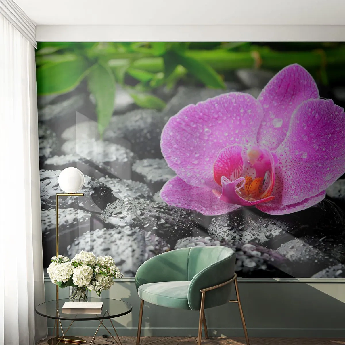 Fotomural Premium Canvas - Orquídea rosa sobre piedras negras mojadas con hojas verdes - 100x70cm - Como un corazón abierto - Decoración de pared moderna para salón y dormitorio ARTTOR