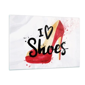 Cuadro sobre vidrio - Impresiones sobre Vidrio - Un tacón alto rojo y la frase "Me encantan los zapatos" sobre un fondo claro. - 120x80cm - El amor tiene más de un nombre - Decoración de pared moderna para salón y dormitorio ARTTOR