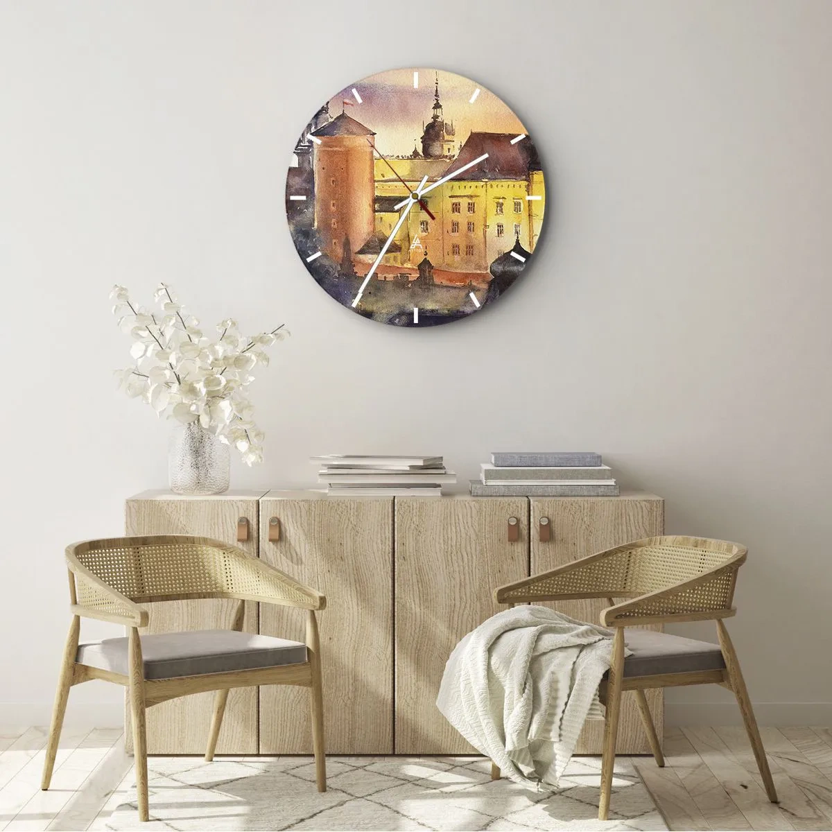 Reloj de pared - Reloj de vidrio - Un castillo al atardecer en cálidos colores de acuarela. - 30x30cm - Una historia y un cuento - Decoración de pared moderna para salón, cocina y dormitorio ARTTOR