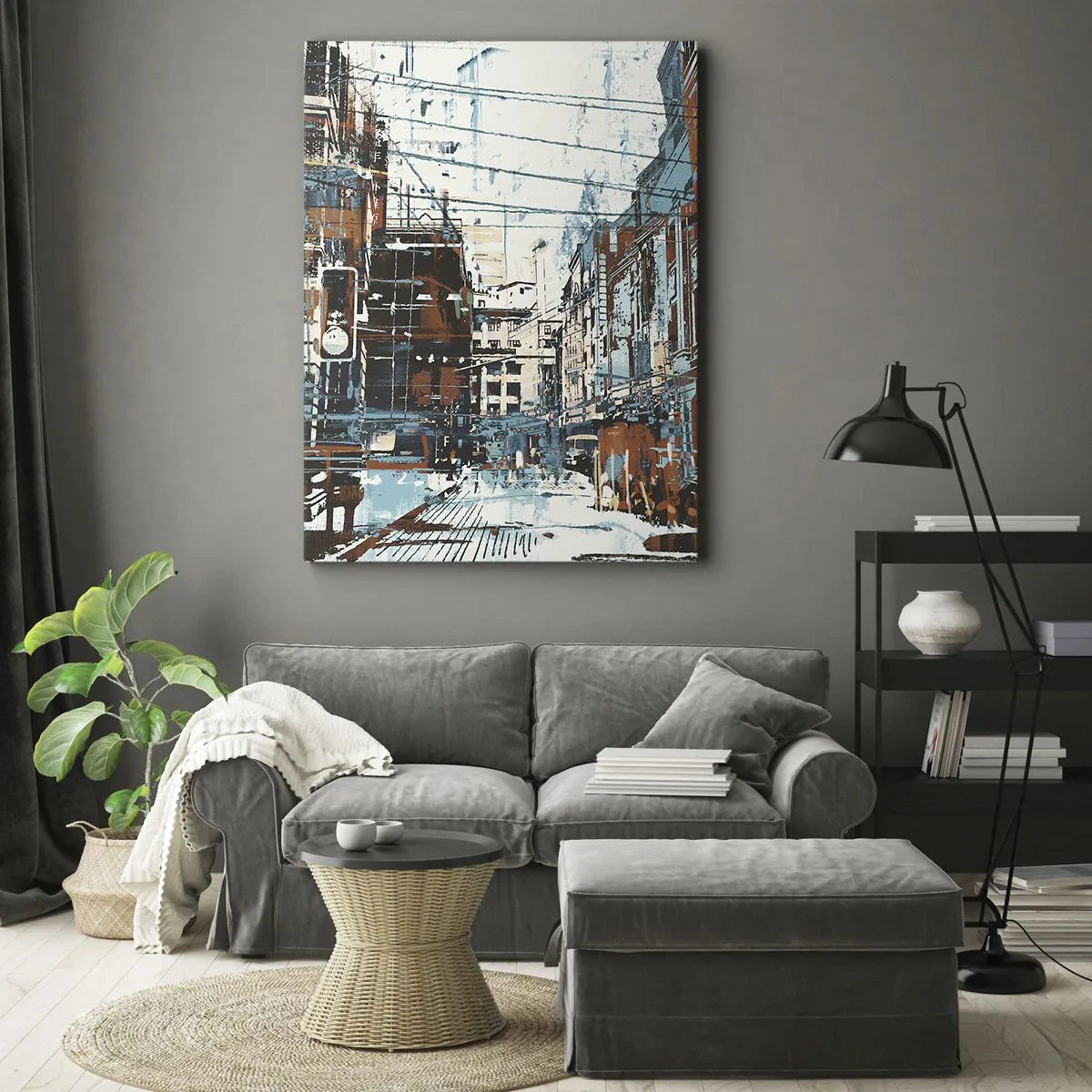 Cuadro sobre lienzo - Impresión de Imagen - Un paisaje urbano en tonos azules y naranjas. - 80x120cm - El sendero de la ciudad - Decoración de pared moderna para salón y dormitorio ARTTOR