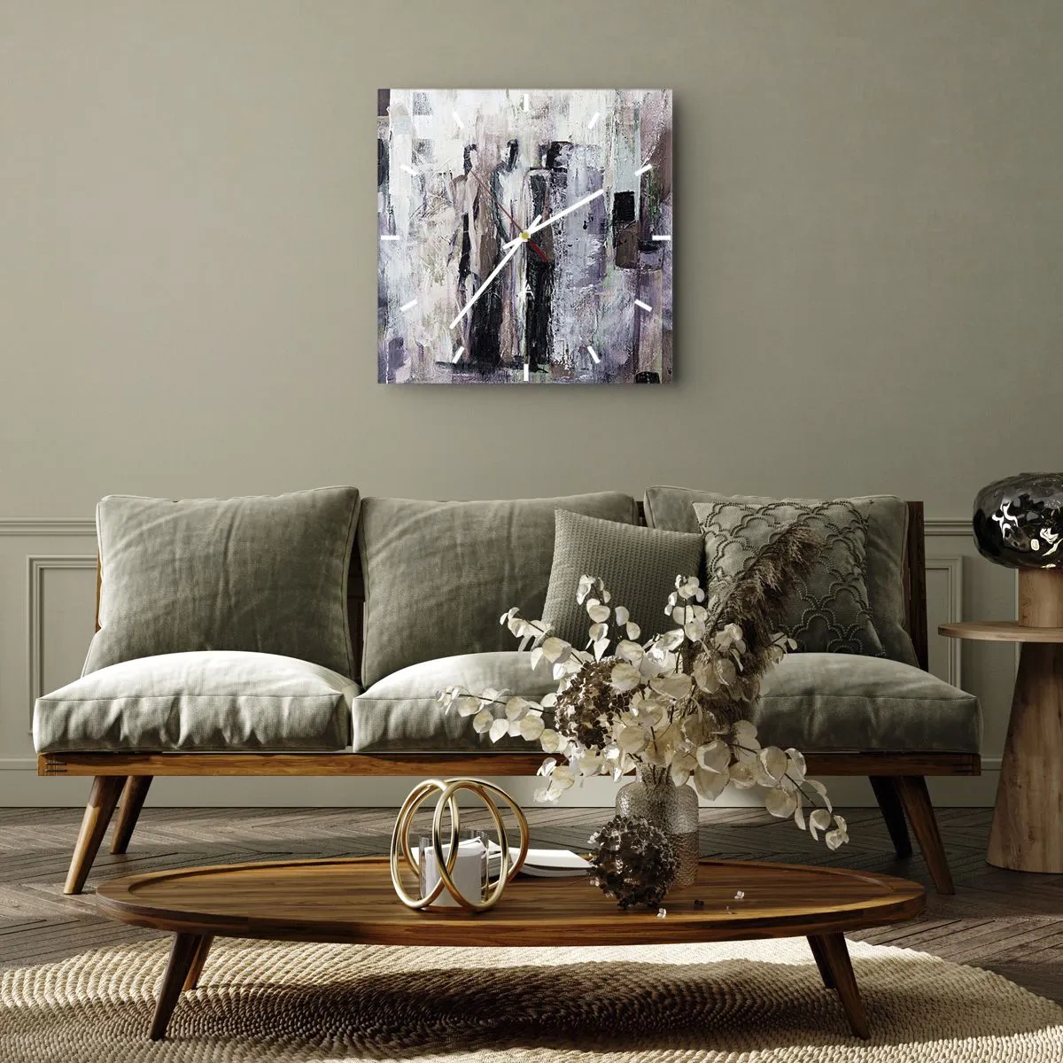 Reloj de pared - Reloj de vidrio - Una composición abstracta con tres figuras en colores pastel. - 30x30cm - El trío misterioso - Decoración de pared moderna para salón y dormitorio ARTTOR
