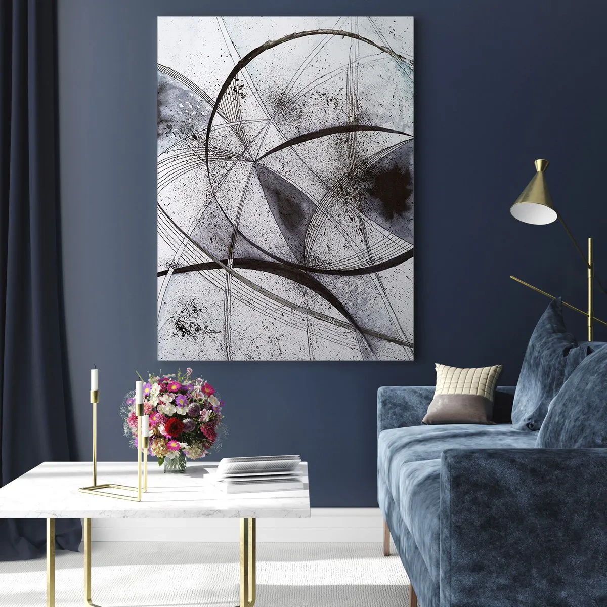 Cuadro sobre vidrio - Impresiones sobre Vidrio - Líneas y formas abstractas en tonos de gris y negro. - 70x100cm - Fantasía futurista - Decoración de pared moderna para salón y dormitorio ARTTOR