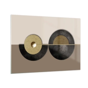 Cuadro sobre vidrio - Impresiones sobre Vidrio - Círculos geométricos en dorado y negro sobre fondo beige. - 70x50cm - Variaciones en torno a un círculo - Decoración de pared moderna para salón y dormitorio ARTTOR