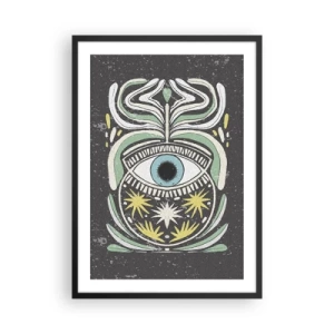 Póster en marco negro - Un ojo simbólico rodeado de patrones vegetales sobre un fondo oscuro. - 50x70cm - Rituales tribales - Decoración de pared moderna para salón y dormitorio ARTTOR